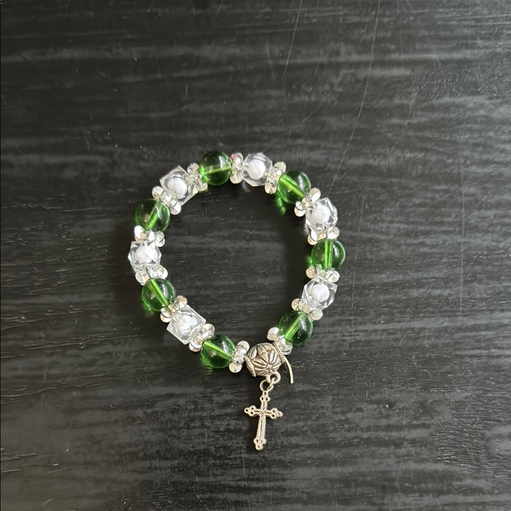 Green and Silver Beaded Bracelet with Cross Charm